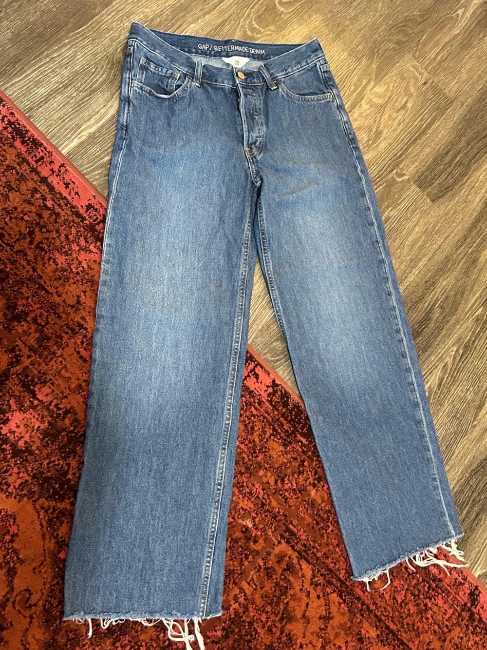 GAP Low Rise Dark Indigo Strid Women's Wide-Leg Jeans Frayed Hem Size 28